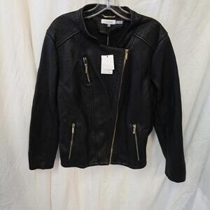Calvin Klein L Black Vegan Leather Gold Chic Luxury UQ Urban Chic Jacket NWT‎